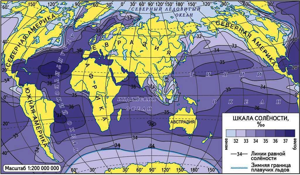 Подпишите линии равной солености морской воды со значениями 37 33 промилле и менее контурная карта