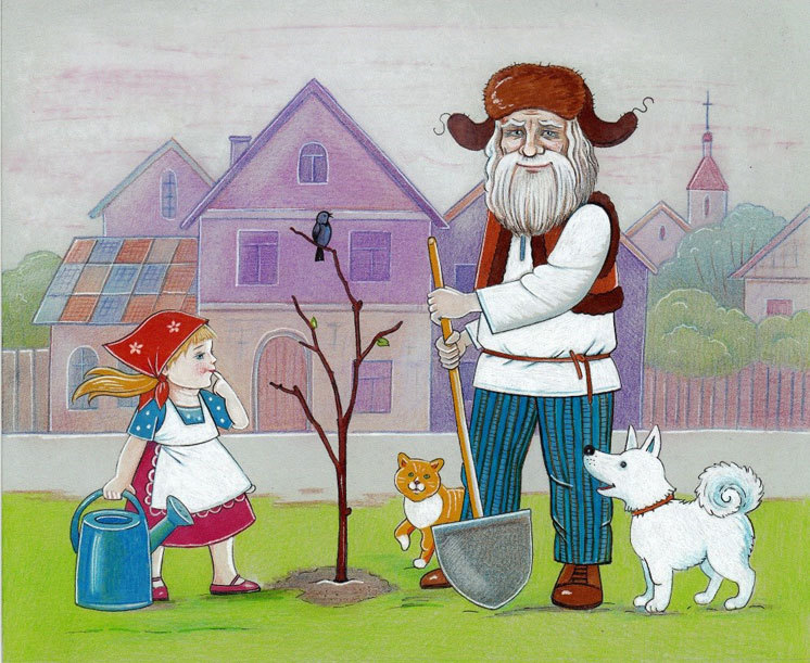 Дедушку в садик водила. Сказочный дед. Дедушка иллюстрация. Сказочный старик. Дедушка картина для детей.