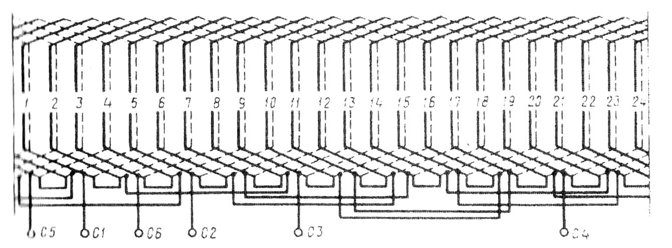 Развернутая схема трехфазной двухслойной обмотки статора