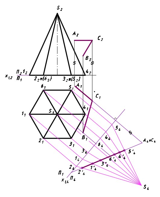 Сечение поверхности и пирамиды. Проекция сечения пирамиды. Сечение пирамиды фронтально проецирующей плоскостью. Проекция шестиугольной пирамиды. Сечение 6 гранной пирамиды.