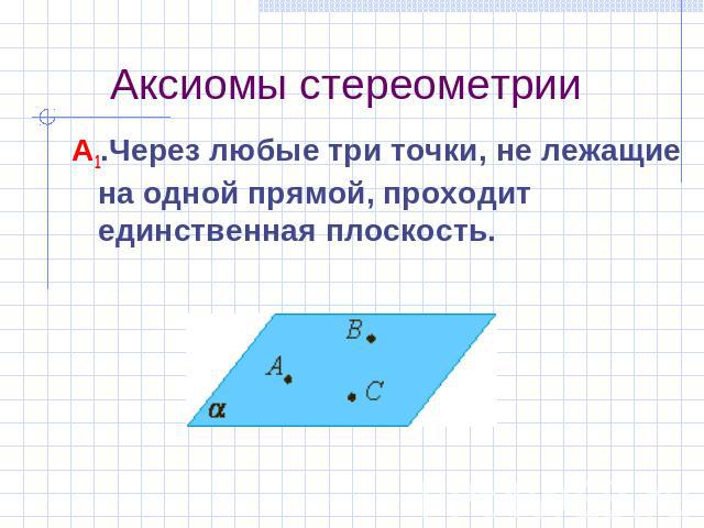 Сформулируйте аксиомы а1 а2 а3 стереометрии. Аксиомы стереометрии с1 с2 с3. Аксиома стереометрия 3 точки. Через любые три точки не лежащие на одной прямой проходит плоскость. Аксиома 2.