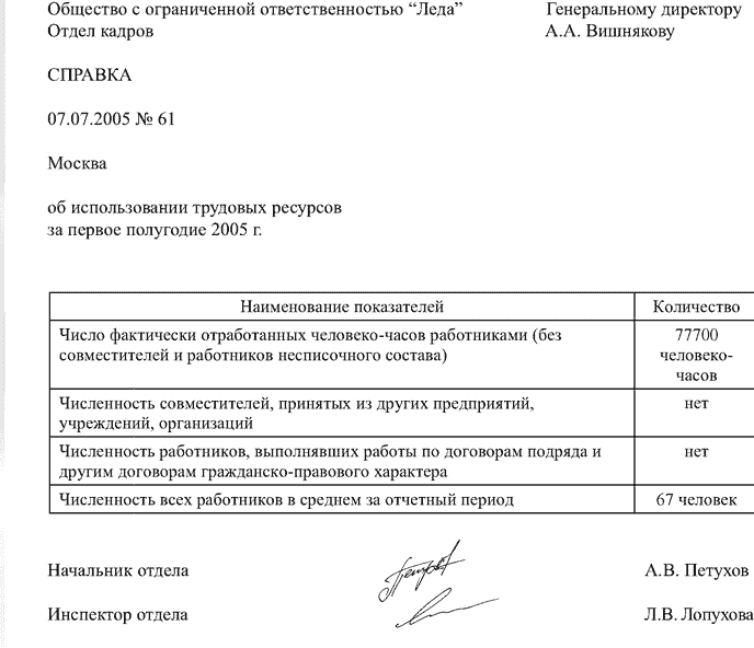 Образец оформления справки