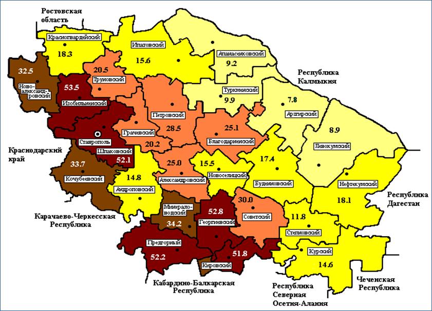 Ставропольский край на карте. Густонаселенные и малонаселенные районы КБР карты.