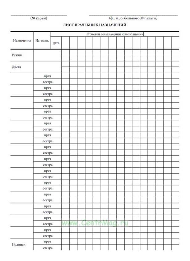 Образец назначения. Лист врачебных назначений стационар. Лист врачебных назначений форма для истории болезни. Лист назначения медикаментов. Лист назначений в истории болезни стационарного больного.