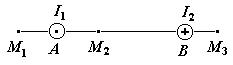 На рисунке изображены сечения трех прямолинейных бесконечно длинных проводников с токами расстояния
