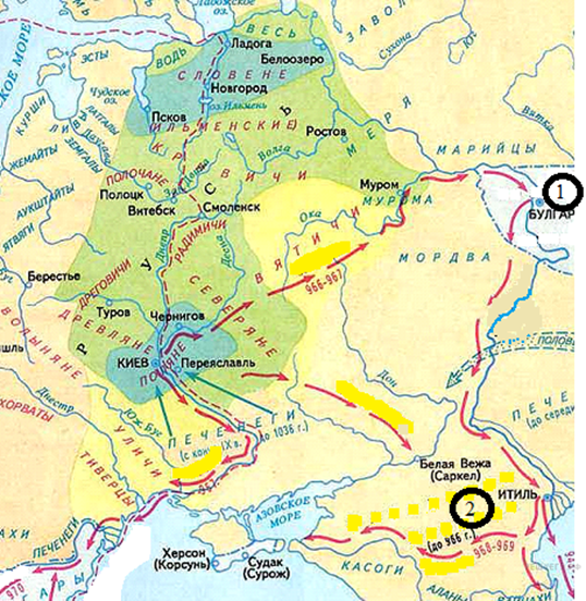 Назовите киевского князя походы которого обозначены на схеме цифрой 6