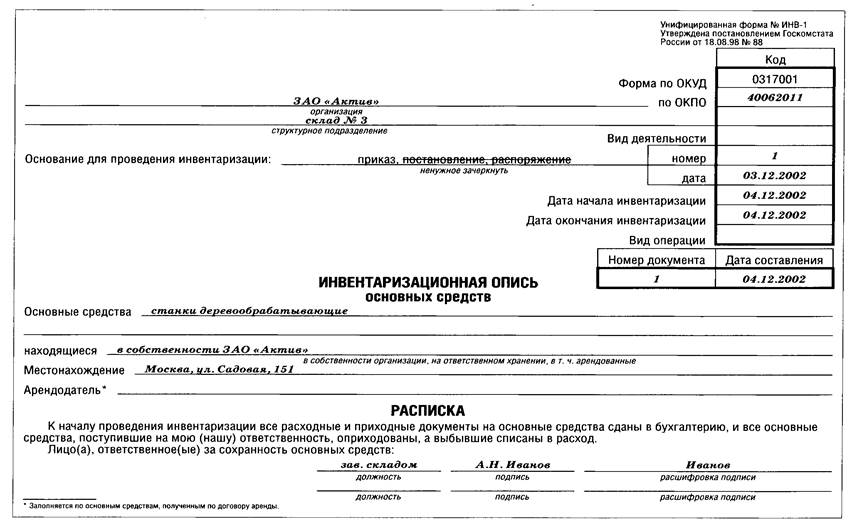 Приказ о присвоении инвентарных номеров образец