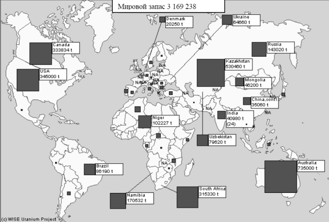 Карта добычи урана в мире